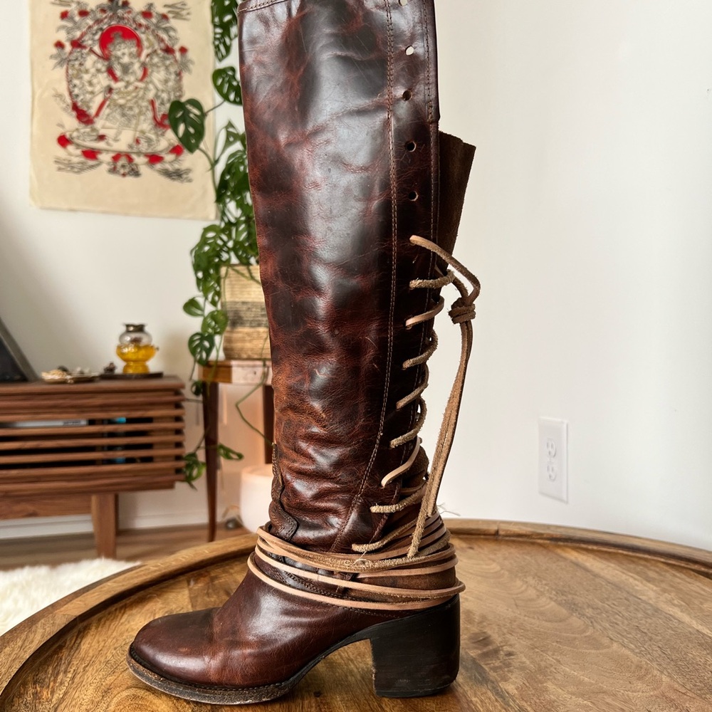 Freebird Coal Lace-Up Tall Leather Boots in Chestnut Brown/Cognac - Picture 6 of 12
